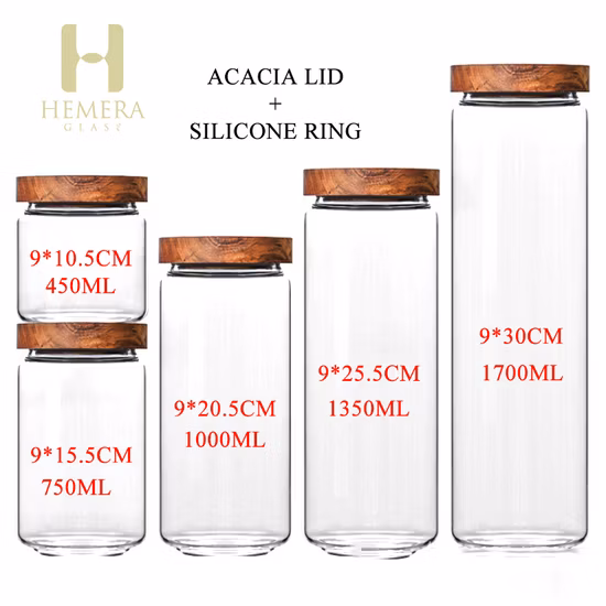 325/500/750/1000/1800ml High Borosilicate Home Kitchen Food Spice Glass Storage Container Canister Jar with Quality Sealed Silicone Ring Wood Acacia Lid Cover