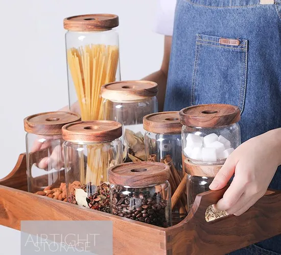 325/500/750/1000/1800ml High Borosilicate Home Kitchen Food Spice Glass Storage Container Canister Jar with Quality Sealed Silicone Ring Wood Acacia Lid Cover