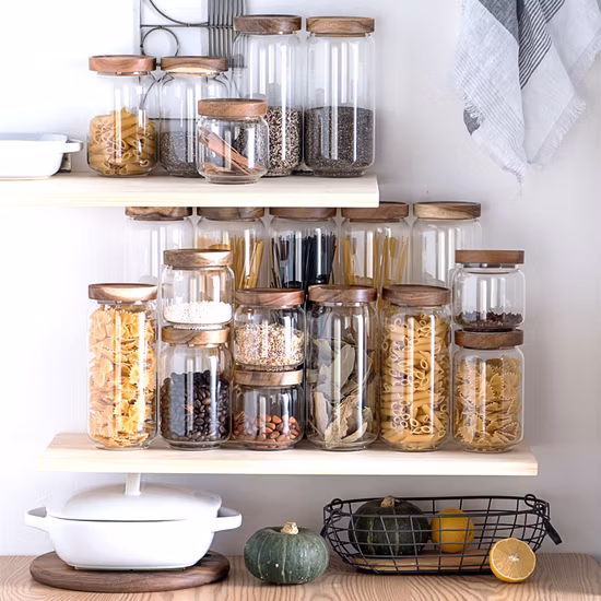 325/500/750/1000/1800ml High Borosilicate Home Kitchen Food Spice Glass Storage Container Canister Jar with Quality Sealed Silicone Ring Wood Acacia Lid Cover
